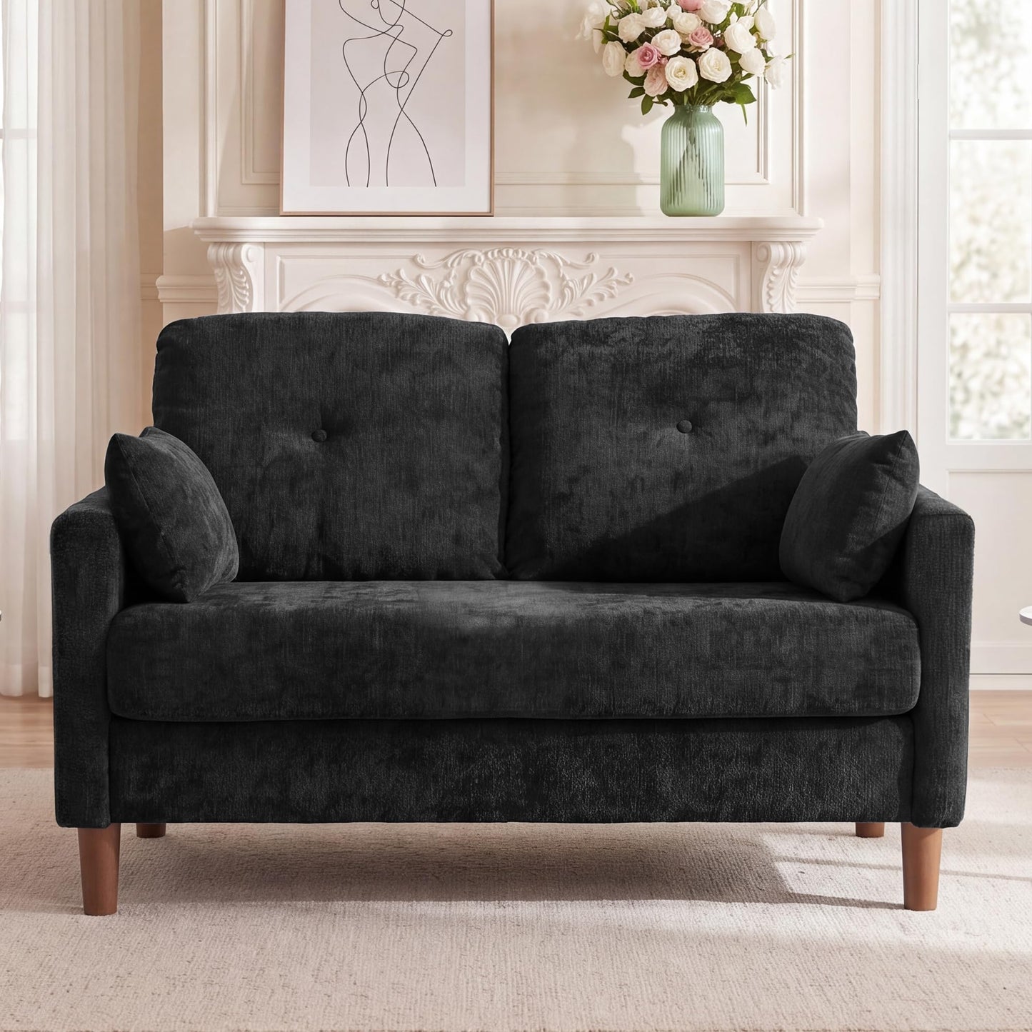 Vipbear Sofa 3 Sitzer Klein,174 cm, Grün Chenille-Stoff Sofas mit 2 Kissen, Modernes Couch mit Wide Armlehnen und Klapptisch, Extra Tiefe Sitze, Gästesofa für Wohnzimmer, Apartment, Büro