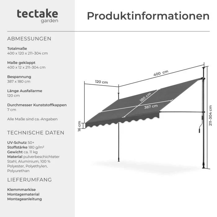TecTake 404971 Klemmmarkise mit Handkurbel Höhenverstellbar