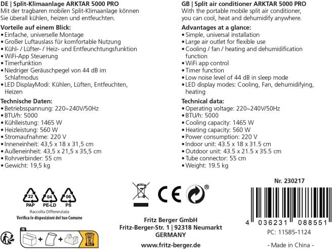 BERGER Arktar 5000 Pro Mobile Split-Klimaanlage mit Heizung