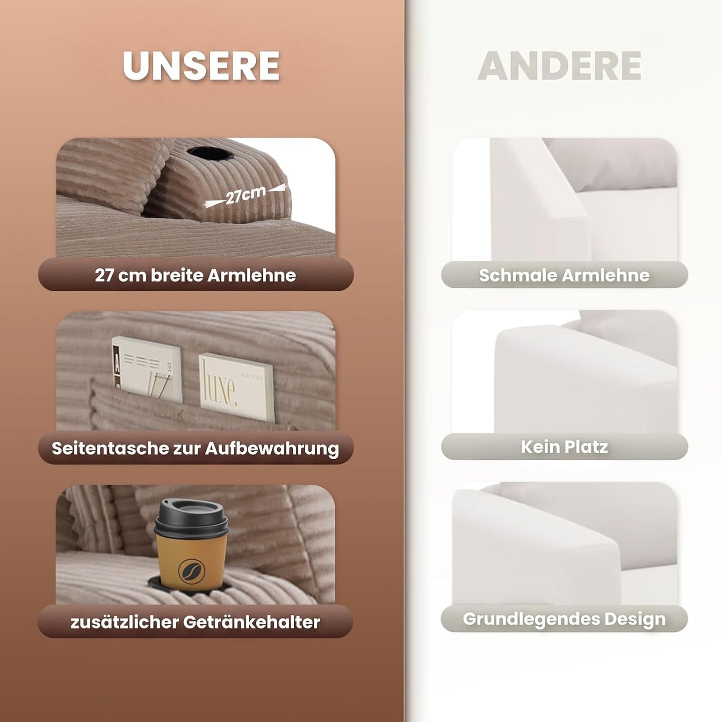 MALOL Schlafsofa, Boneless Sofas & Couches, Schlafcouch mit Schlaffunktion, Couch mit Chaiselongue, 3 Kissen, Bequeme Sofa Couch für Schlafzimmer & Wohnzimmer, Grau, 170cm * 133cm * 66cm, Kamel