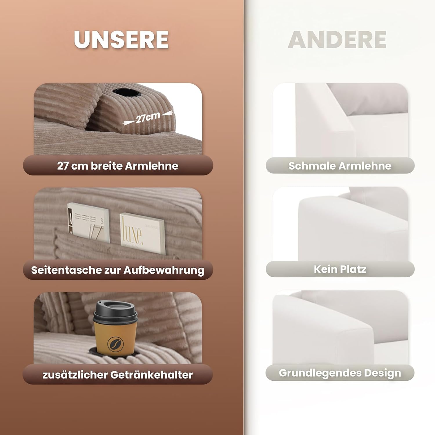 MALOL Schlafsofa, Boneless Sofas & Couches, Schlafcouch mit Schlaffunktion, Couch mit Chaiselongue, 3 Kissen, Bequeme Sofa Couch für Schlafzimmer & Wohnzimmer, Grau, 170cm * 133cm * 66cm, Kamel