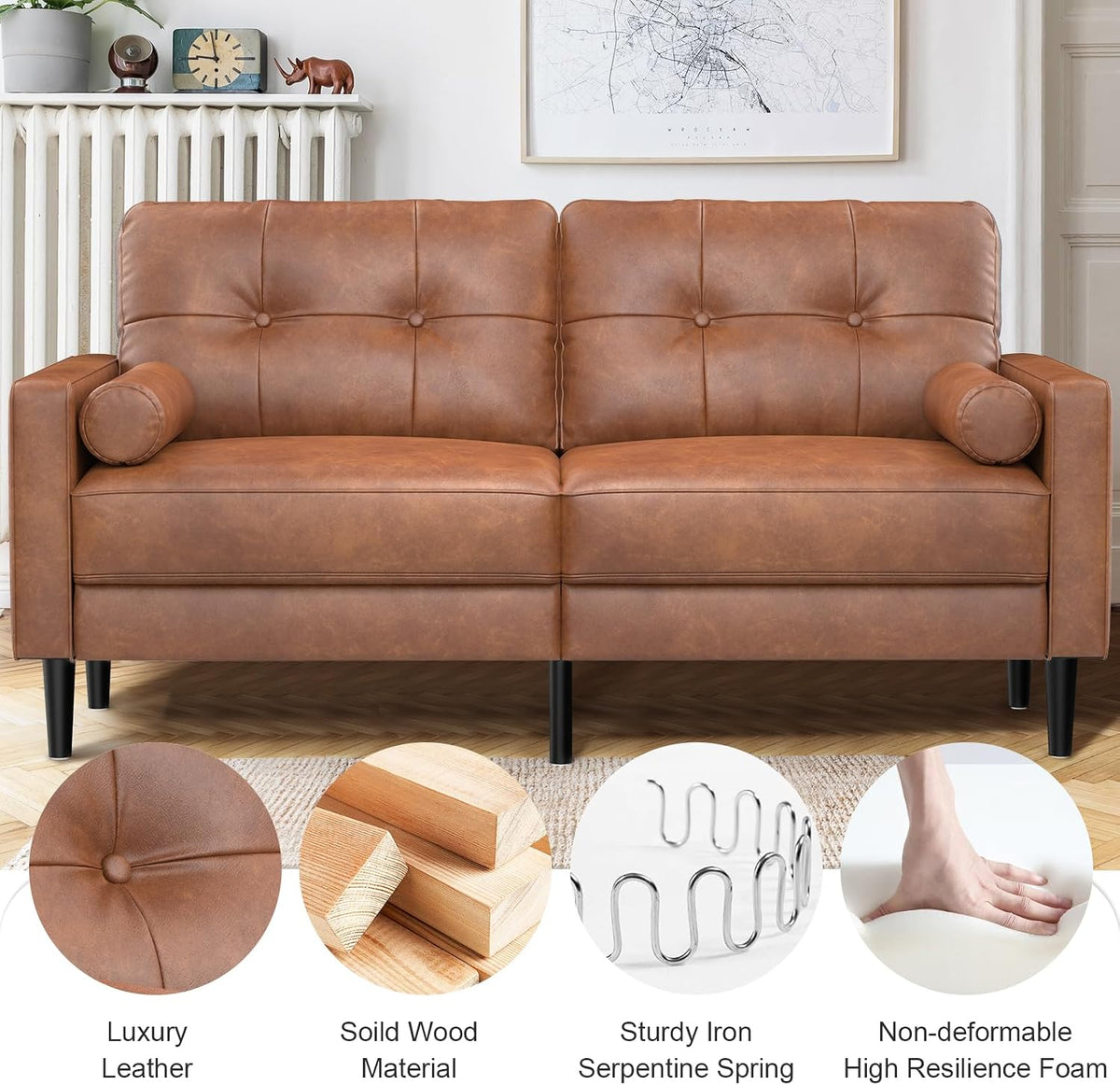 2-Sitzer Sofa, Dicke Kissen, 2 Kissen & Taschen(Braun_pu)