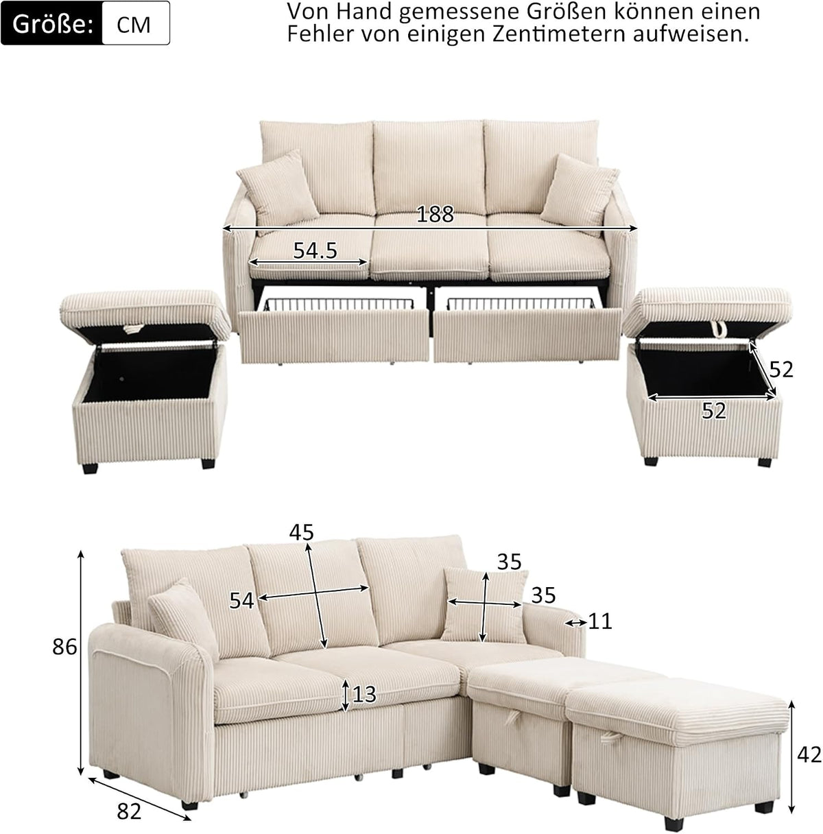 Merax Modulares 3-Sitzer Sofa-Set, Ecksofa in L-Form & U-Form mit 2 Stauraum-Hockern, Couch mit 2 Schubladen, Flexibel kombinierbare Wohnlandschaft aus Chenille, Beige