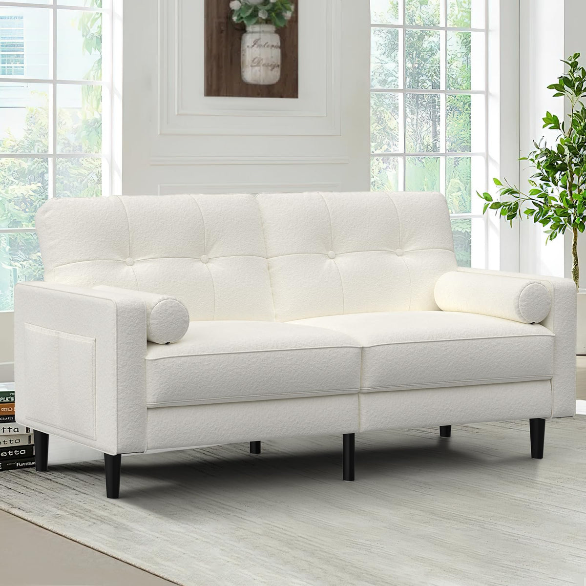 2-Sitzer Sofa, Dicke Kissen, 2 Kissen & Taschen(Braun_pu)