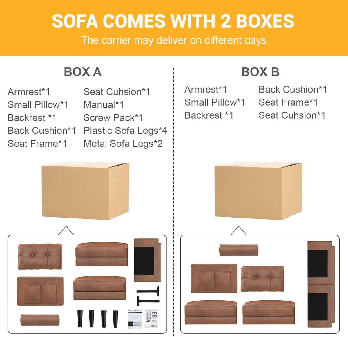 2-Sitzer Sofa, Dicke Kissen, 2 Kissen & Taschen(Braun_pu)