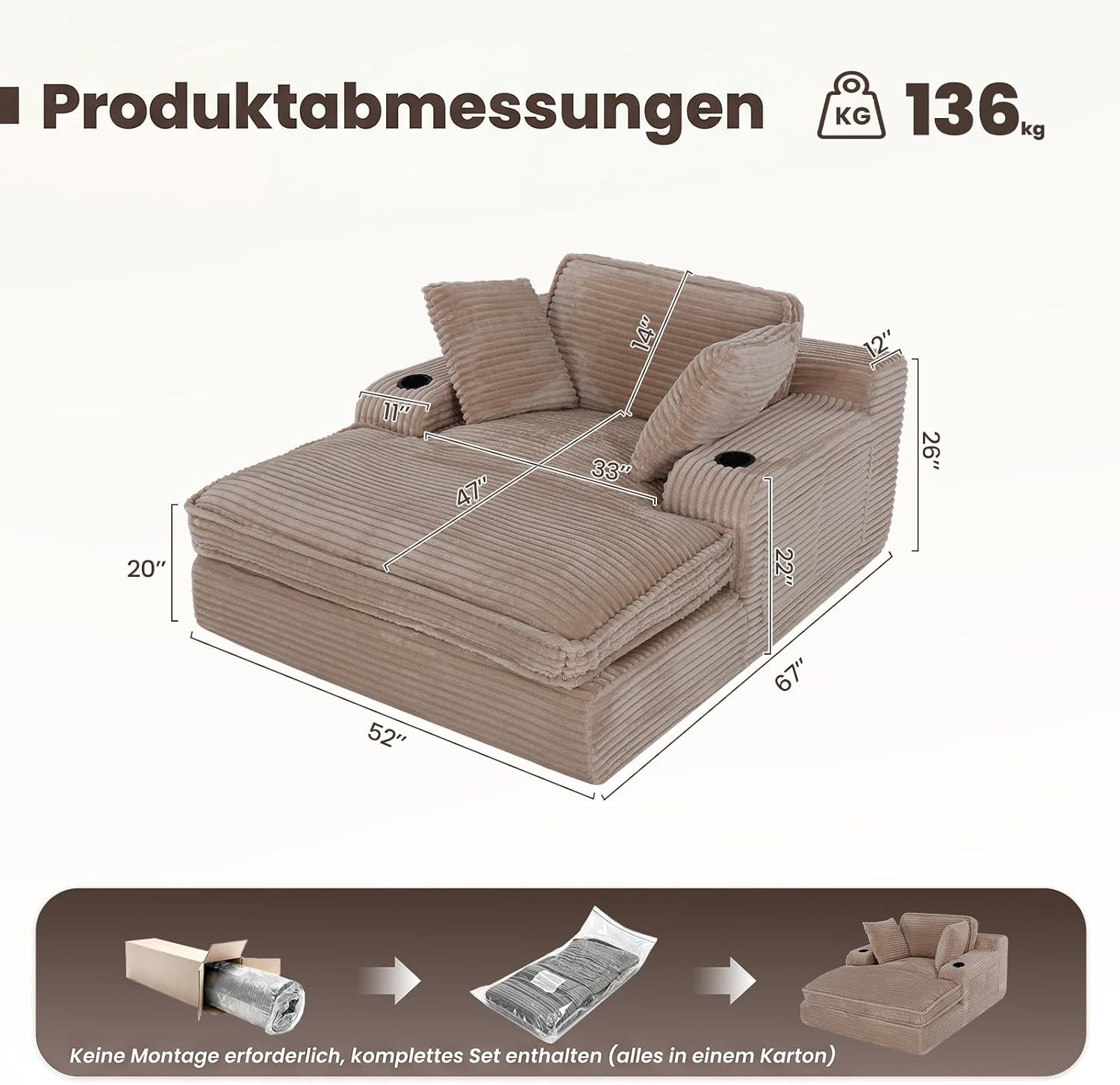 MALOL Schlafsofa, Boneless Sofas & Couches, Schlafcouch mit Schlaffunktion, Couch mit Chaiselongue, 3 Kissen, Bequeme Sofa Couch für Schlafzimmer & Wohnzimmer, Grau, 170cm * 133cm * 66cm, Kamel