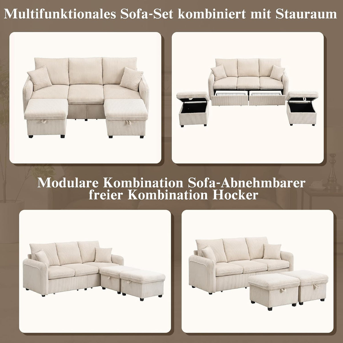 Merax Modulares 3-Sitzer Sofa-Set, Ecksofa in L-Form & U-Form mit 2 Stauraum-Hockern, Couch mit 2 Schubladen, Flexibel kombinierbare Wohnlandschaft aus Chenille, Beige