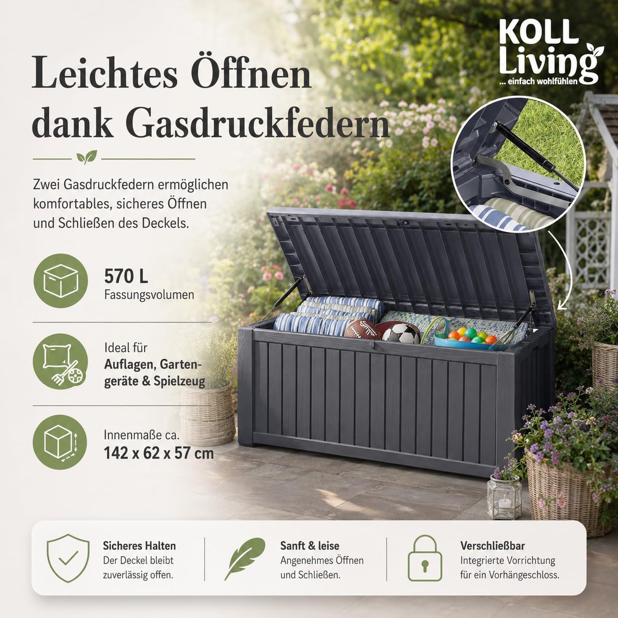 Koll living storage box, cushion box in modern wooden finish, 570 litres, 100% water-proof, with aeration to prevent horrible odours/mould, maximum weight supported by the cover: 250 kg (2 people)