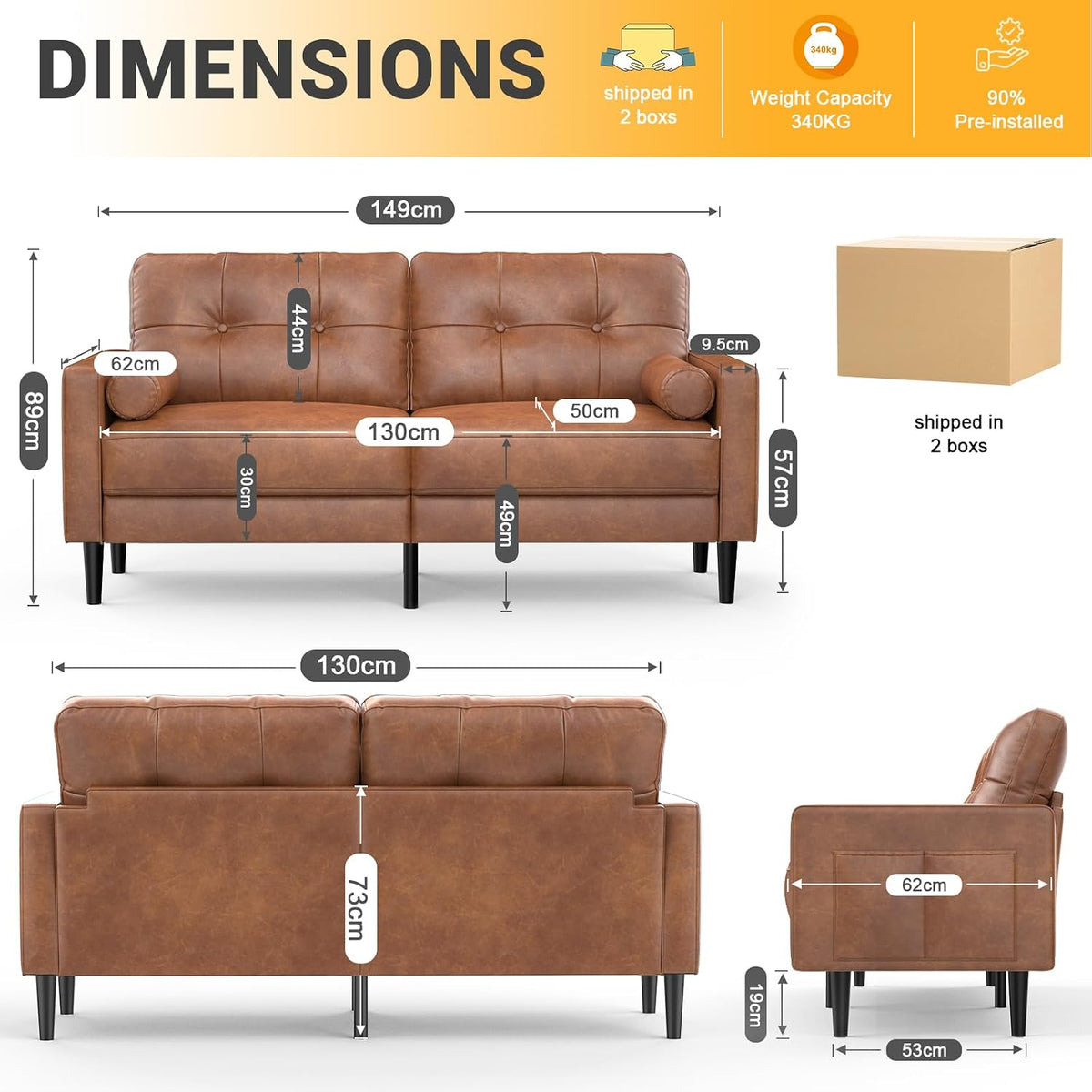 2-Sitzer Sofa, Dicke Kissen, 2 Kissen & Taschen(Braun_pu)