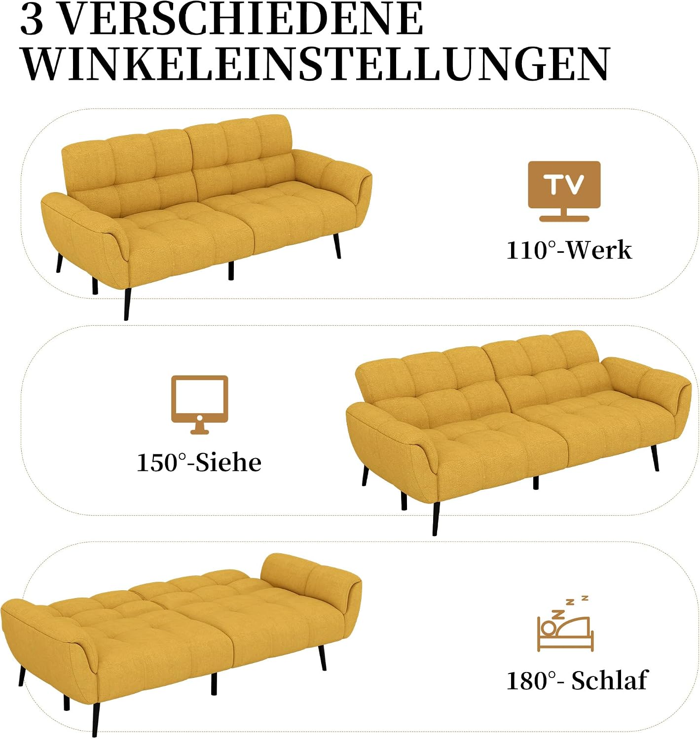 HIPIHOM Sofa Mit Schlaffunktion, Klappsofa Sofa 3 Sitzer, Schlafsofa 155x85cm, Bequemes Geeignet Für Wohnzimmer, Schlafzimme, Büro, Lounge, Zimmerr