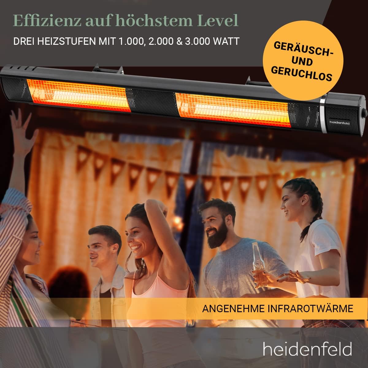 Heidenfeld Infrared Heater IH110, 3000 Watt, Remote Control, 3 Levels, Ceiling and Wall Mounting, Infrared Heater, Patio Heater (Black)