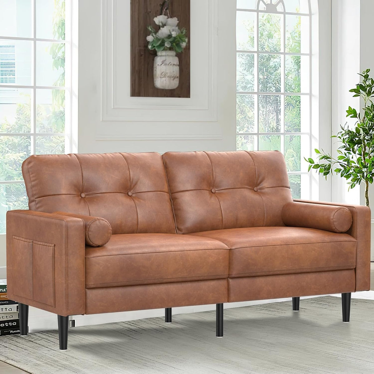 2-Sitzer Sofa, Dicke Kissen, 2 Kissen & Taschen(Braun_pu)