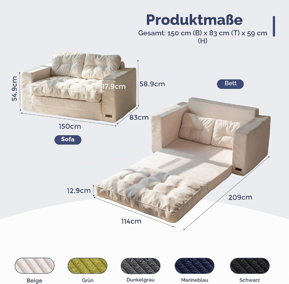 MAXYOYO Schlafsofa, Umbaubares Zweisitzer-Sofa mit 2 Kissen, 2-in-1 Komfort-Kordsofa, Bodenliege mit ausziehbarer Liegefläche 113x190cm, 15cm starkem Schaumstoff