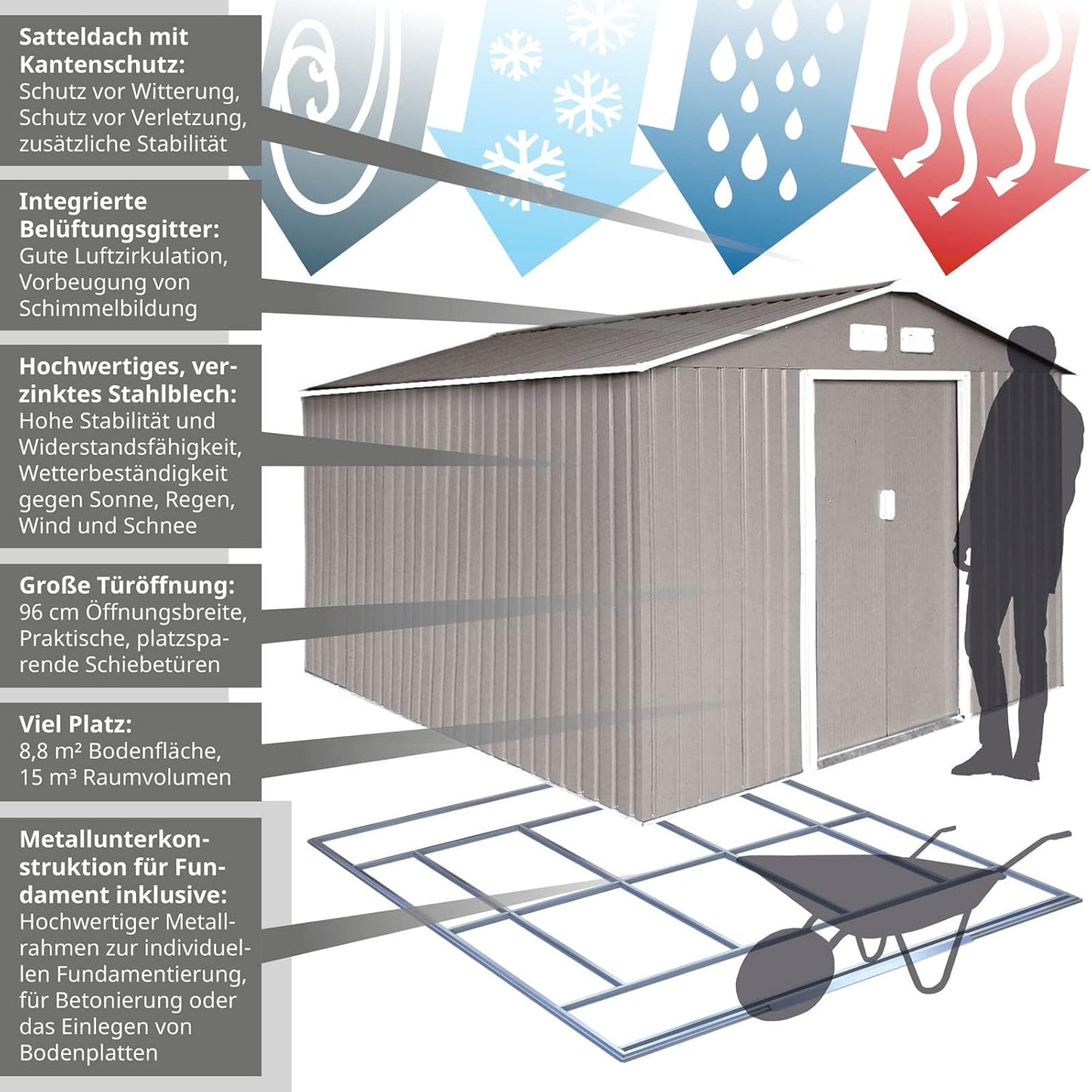 Svita S300 XXXL Metal Tool Shed, 277 x 319 x 192 cm, Pitched Roof, Garden Shed, Grey/Light Grey