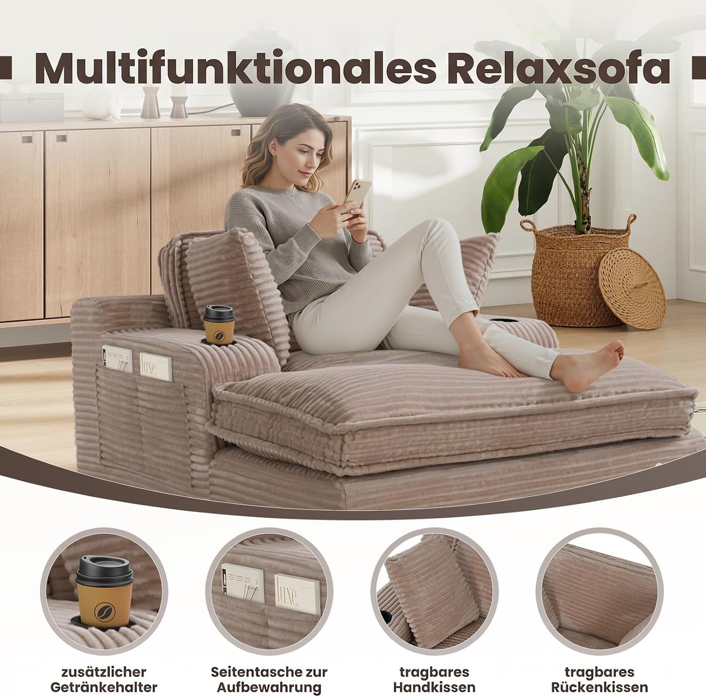 MALOL Schlafsofa, Boneless Sofas & Couches, Schlafcouch mit Schlaffunktion, Couch mit Chaiselongue, 3 Kissen, Bequeme Sofa Couch für Schlafzimmer & Wohnzimmer, Grau, 170cm * 133cm * 66cm, Kamel