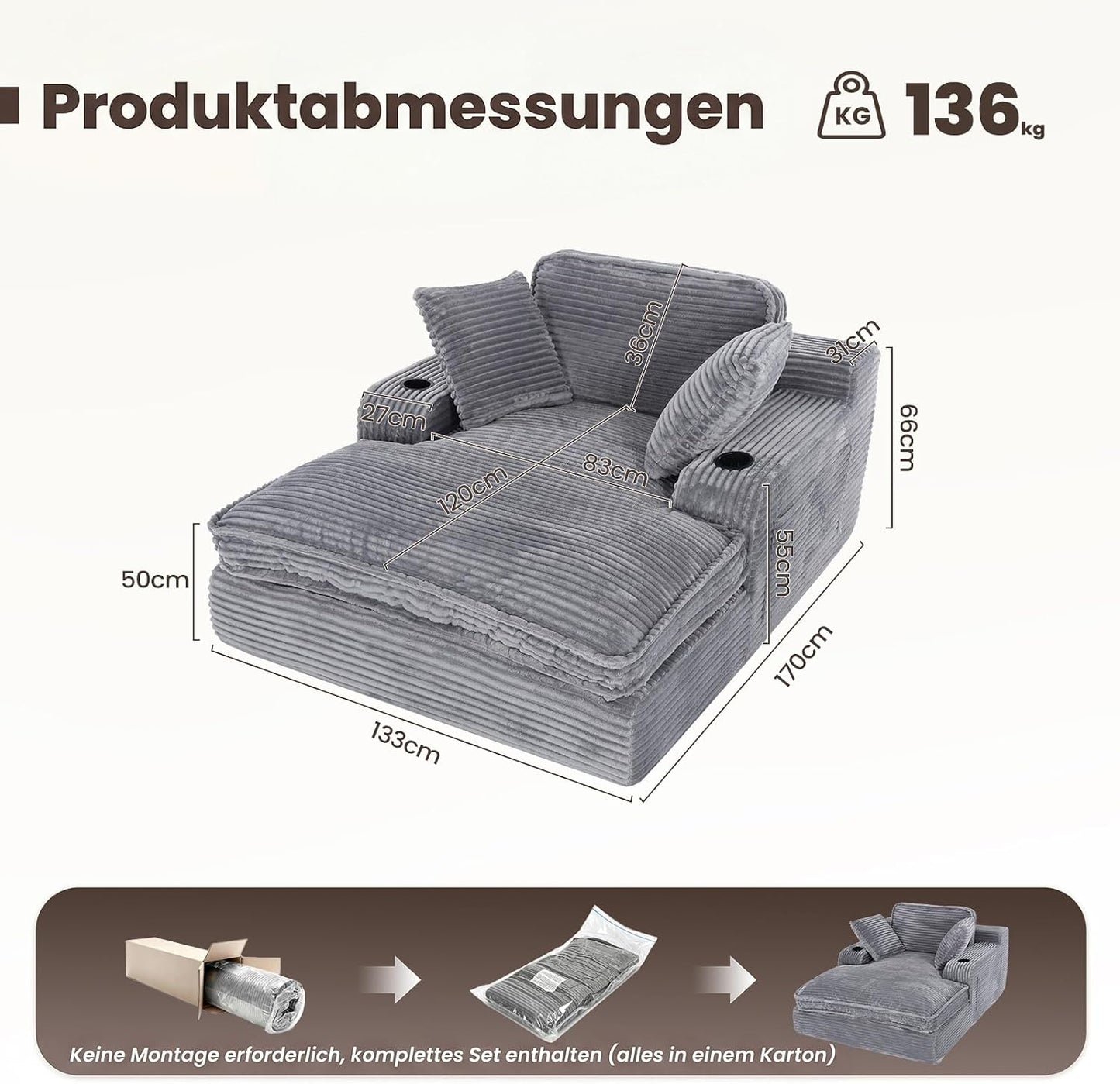 MALOL Schlafsofa, Boneless Sofas & Couches, Schlafcouch mit Schlaffunktion, Couch mit Chaiselongue, 3 Kissen, Bequeme Sofa Couch für Schlafzimmer & Wohnzimmer, Grau, 170cm * 133cm * 66cm, Grau