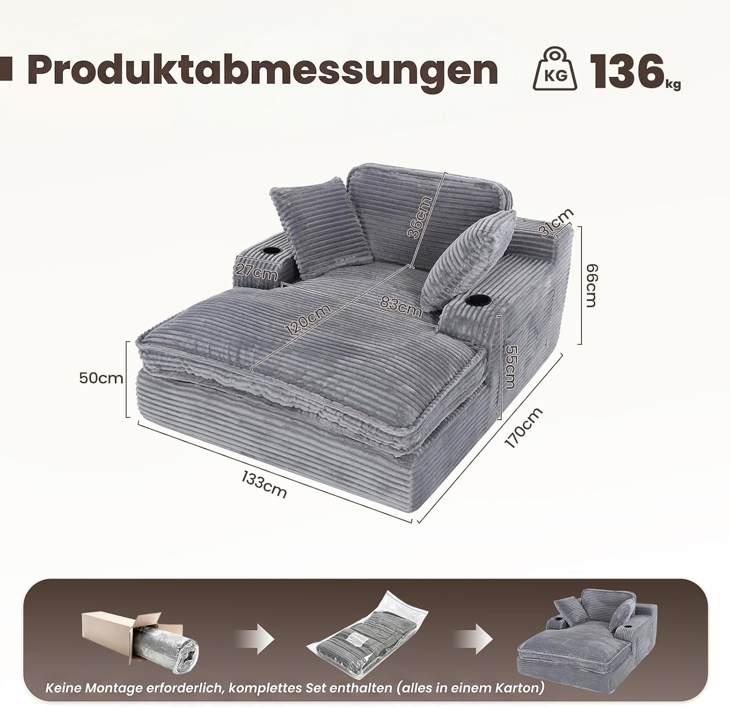 MALOL Schlafsofa, Boneless Sofas & Couches, Schlafcouch mit Schlaffunktion, Couch mit Chaiselongue, 3 Kissen, Bequeme Sofa Couch für Schlafzimmer & Wohnzimmer, Grau, 170cm * 133cm * 66cm, Grau