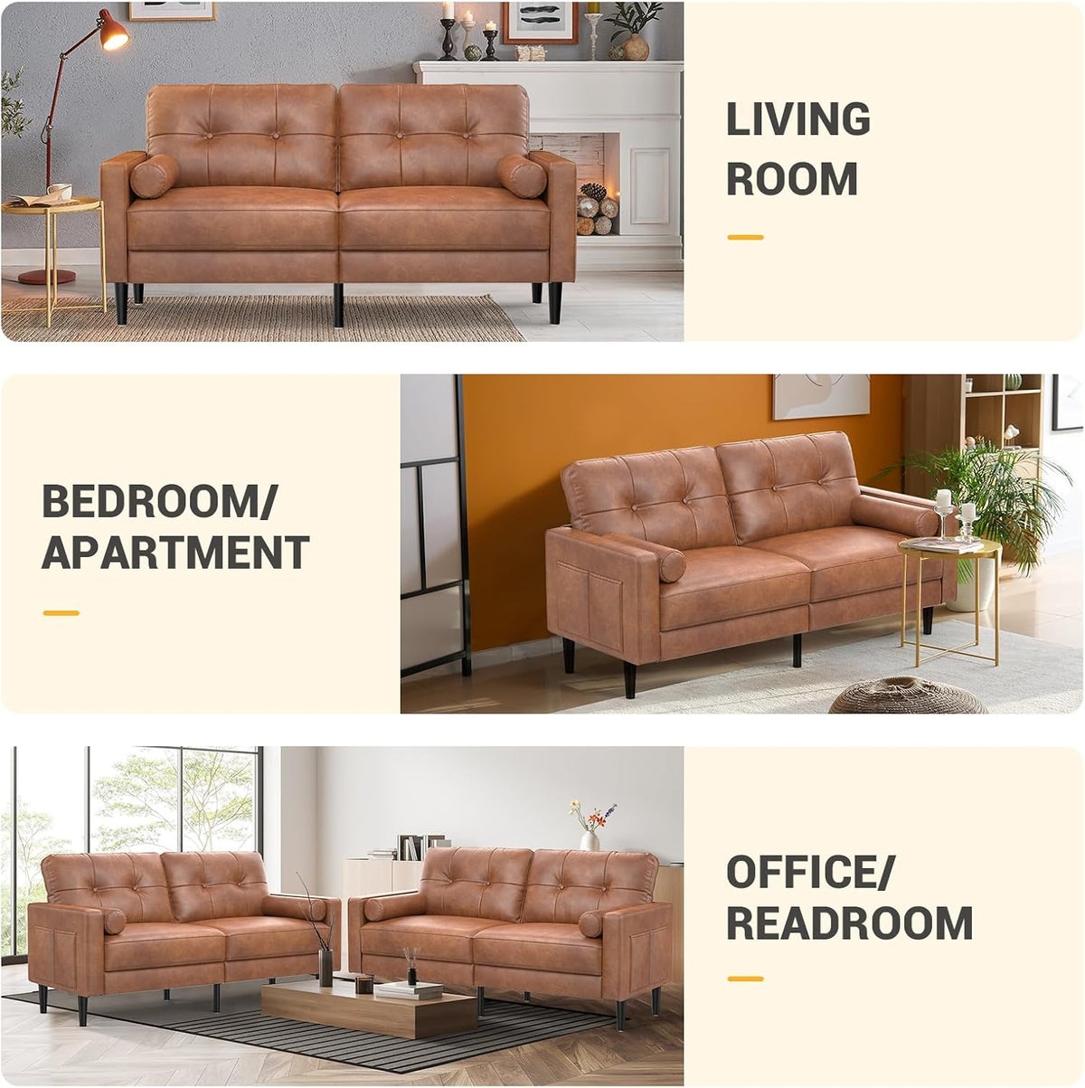 2-Sitzer Sofa, Dicke Kissen, 2 Kissen & Taschen(Braun_pu)