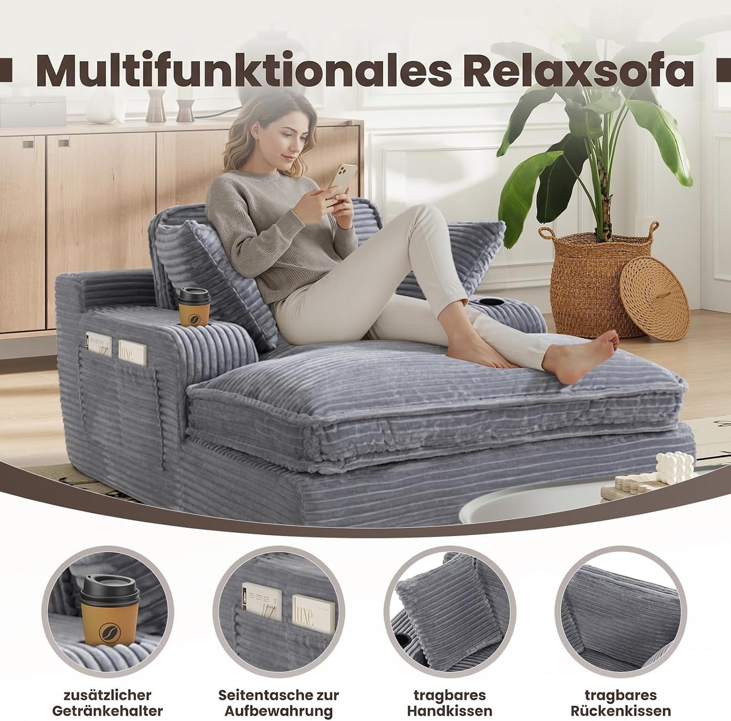 MALOL Schlafsofa, Boneless Sofas & Couches, Schlafcouch mit Schlaffunktion, Couch mit Chaiselongue, 3 Kissen, Bequeme Sofa Couch für Schlafzimmer & Wohnzimmer, Grau, 170cm * 133cm * 66cm, Grau