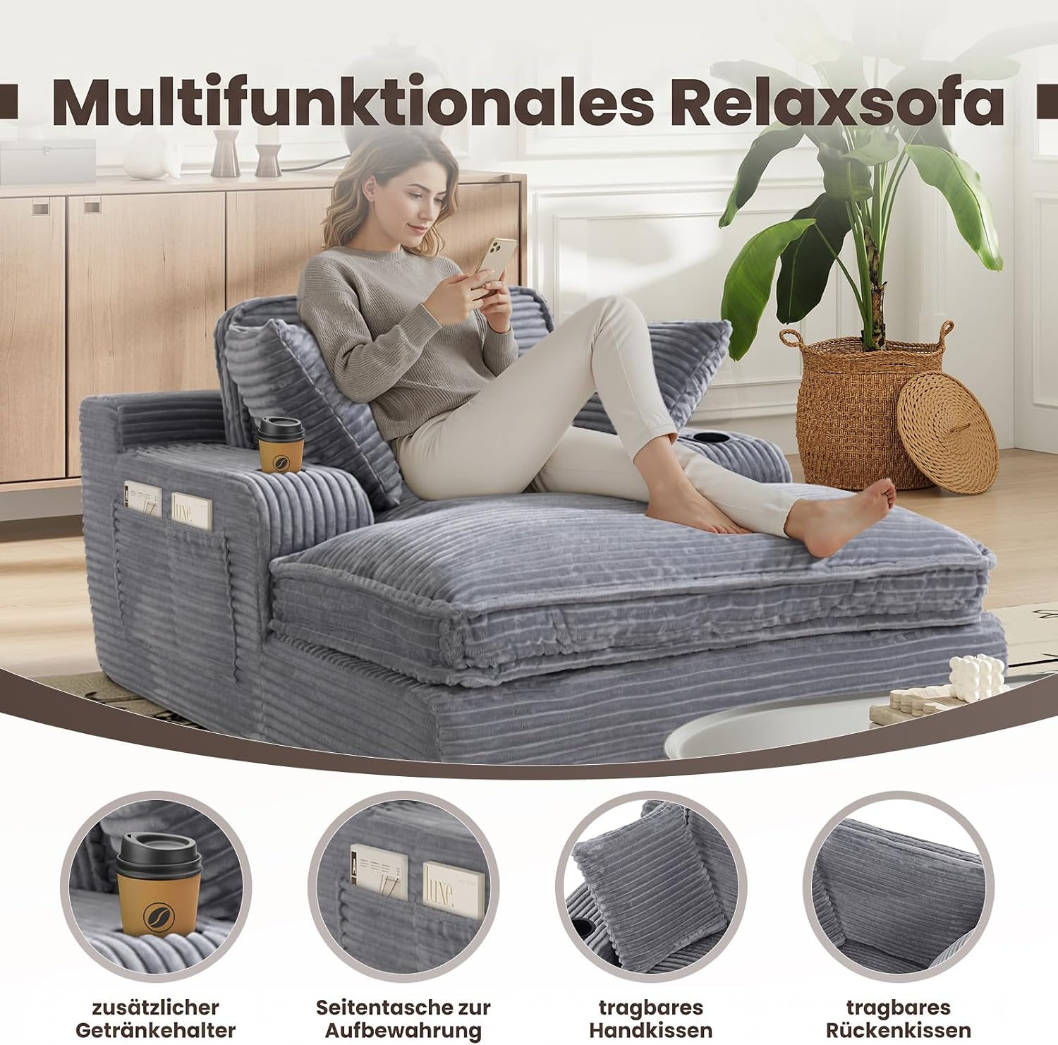MALOL Schlafsofa, Boneless Sofas & Couches, Schlafcouch mit Schlaffunktion, Couch mit Chaiselongue, 3 Kissen, Bequeme Sofa Couch für Schlafzimmer & Wohnzimmer, Grau, 170cm * 133cm * 66cm, Grau