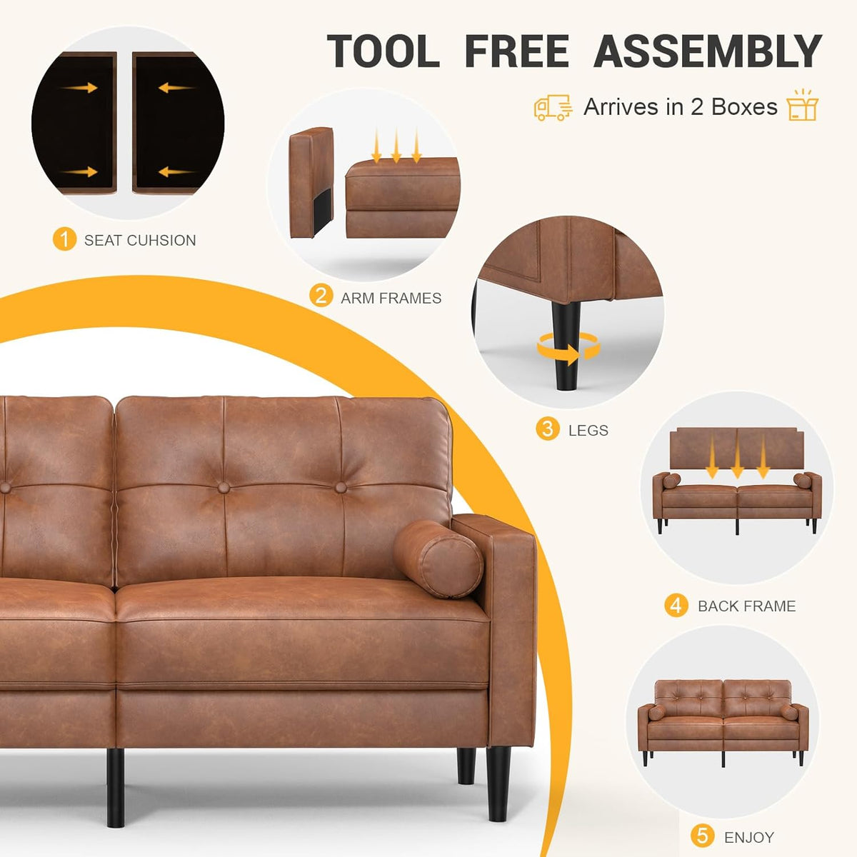 2-Sitzer Sofa, Dicke Kissen, 2 Kissen & Taschen(Braun_pu)