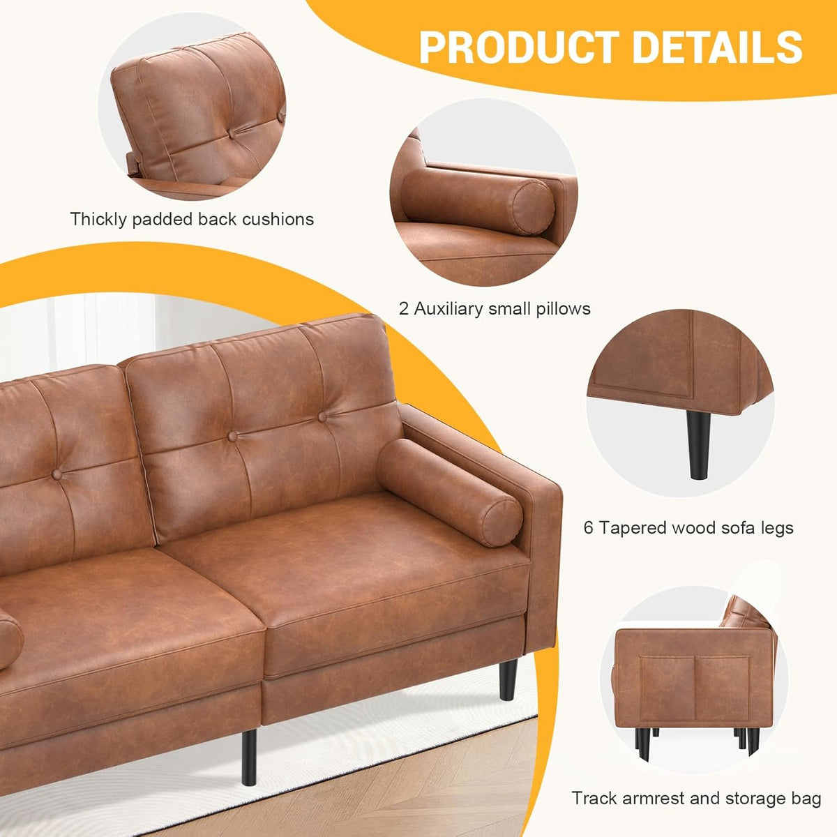 2-Sitzer Sofa, Dicke Kissen, 2 Kissen & Taschen(Braun_pu)