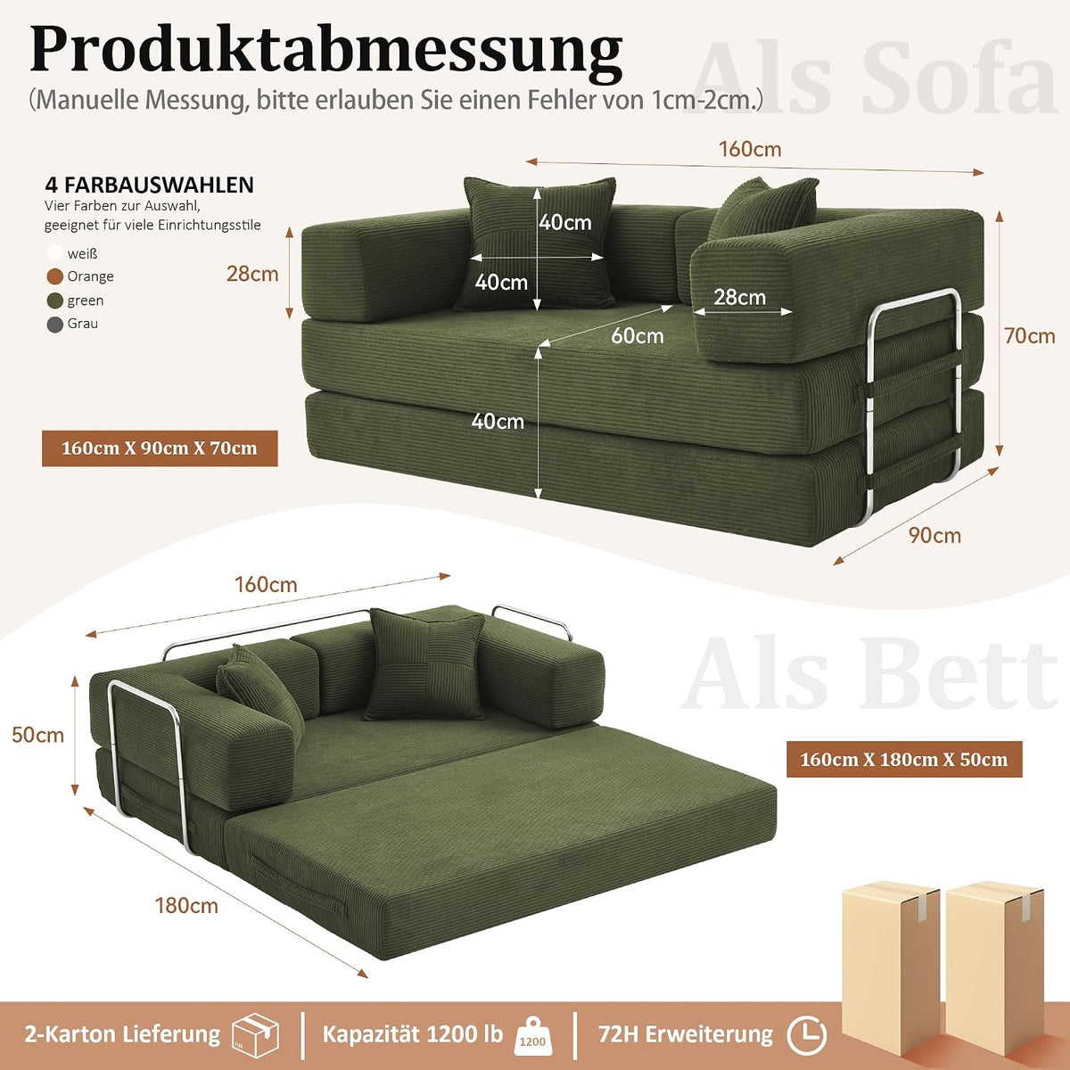 Vipbear Schlafsofa 160cm Breit, Boneless Couch mit Schlaffunktion Cord Sofa