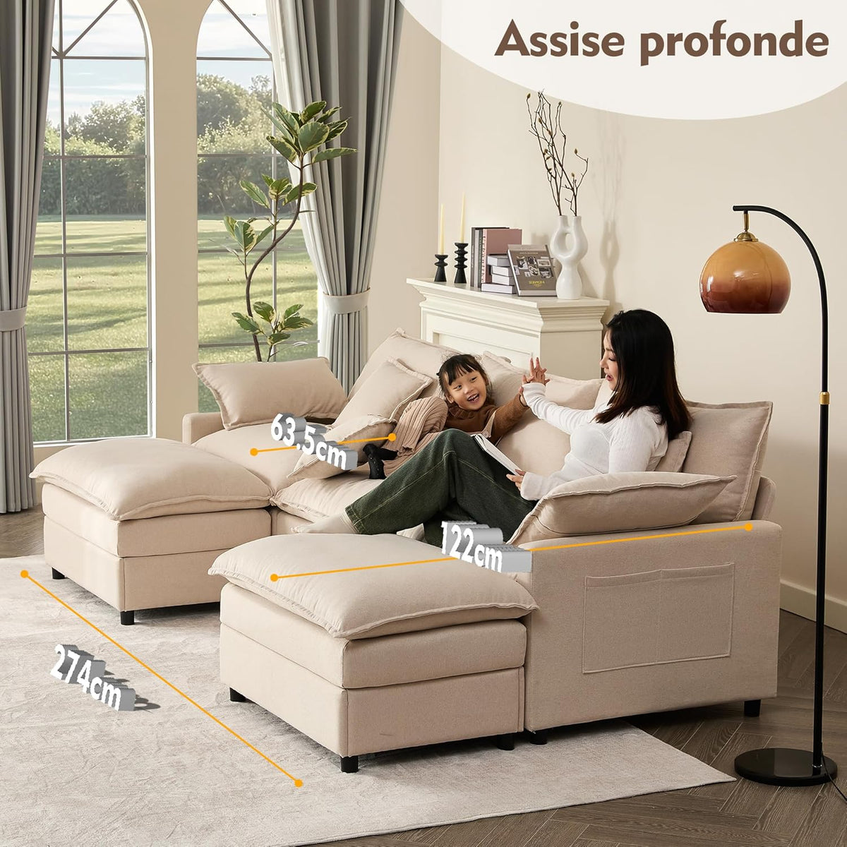U-förmiges modulares Sofa 3-Sitzer Ecksofa mit Hocker, tiefes Sitzdesign, Cloud Couch für Wohnzimmer(Beige)