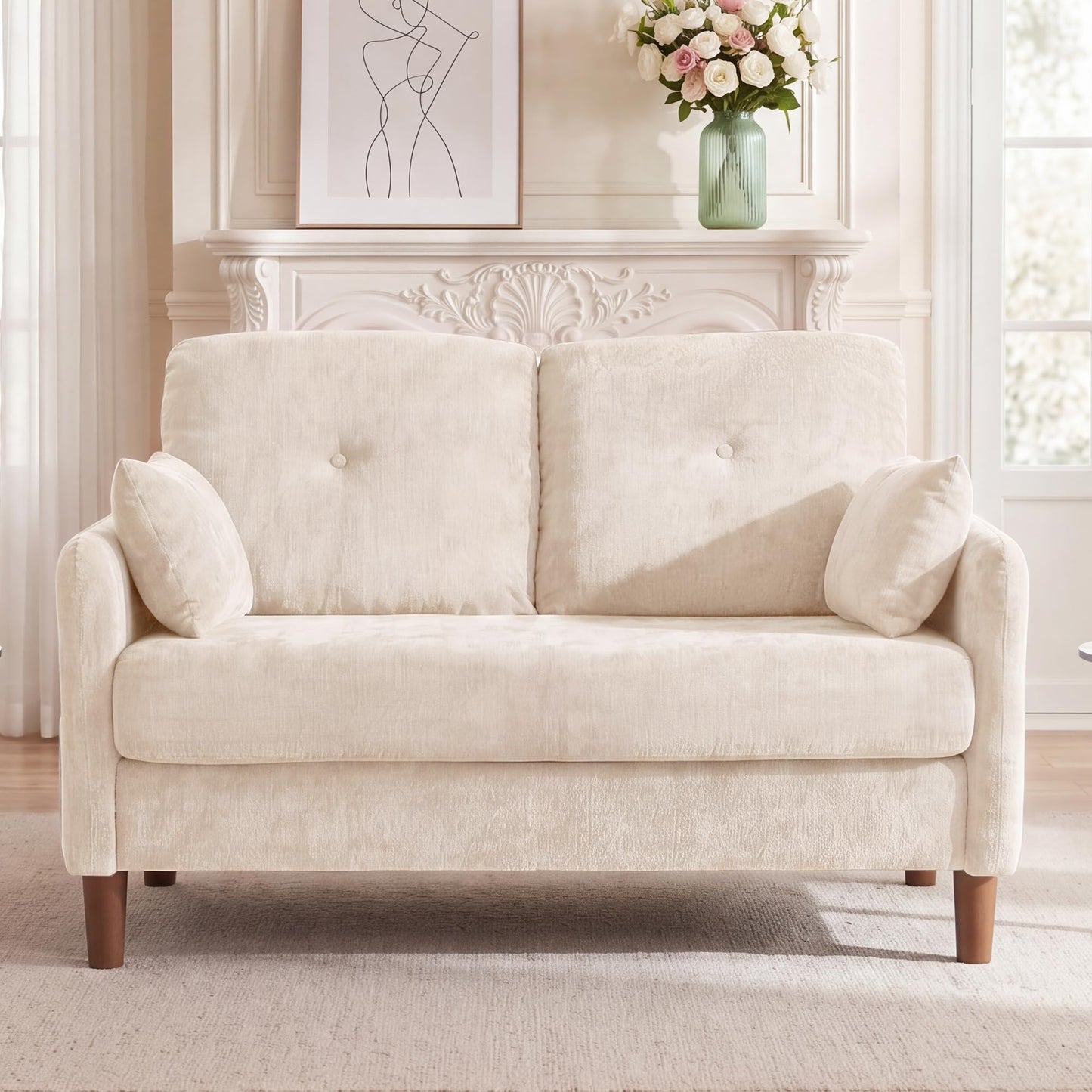 Vipbear Sofa 3 Sitzer Klein,174 cm, Grün Chenille-Stoff Sofas mit 2 Kissen, Modernes Couch mit Wide Armlehnen und Klapptisch, Extra Tiefe Sitze, Gästesofa für Wohnzimmer, Apartment, Büro