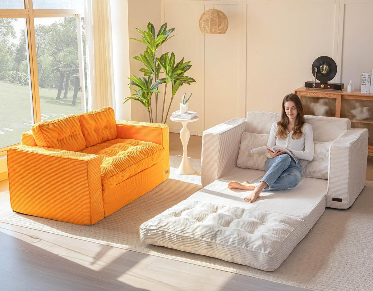 MAXYOYO Schlafsofa, Umbaubares Zweisitzer-Sofa mit 2 Kissen, 2-in-1 Komfort-Kordsofa, Bodenliege mit ausziehbarer Liegefläche 113x190cm, 15cm starkem Schaumstoff