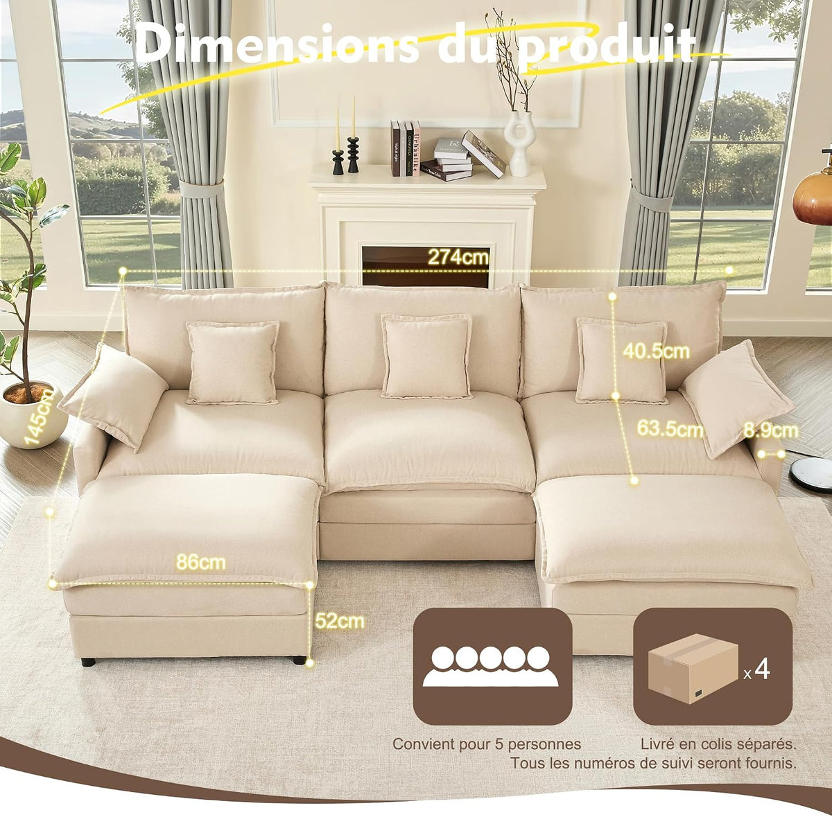 U-förmiges modulares Sofa 3-Sitzer Ecksofa mit Hocker, tiefes Sitzdesign, Cloud Couch für Wohnzimmer(Beige)