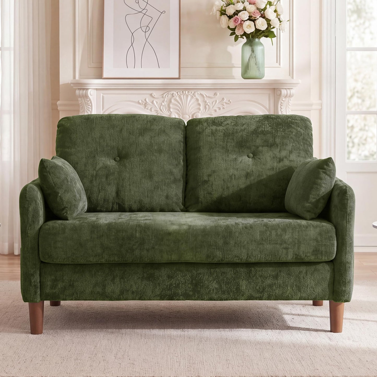 Vipbear Sofa 3 Sitzer Klein,174 cm, Grün Chenille-Stoff Sofas mit 2 Kissen, Modernes Couch mit Wide Armlehnen und Klapptisch, Extra Tiefe Sitze, Gästesofa für Wohnzimmer, Apartment, Büro