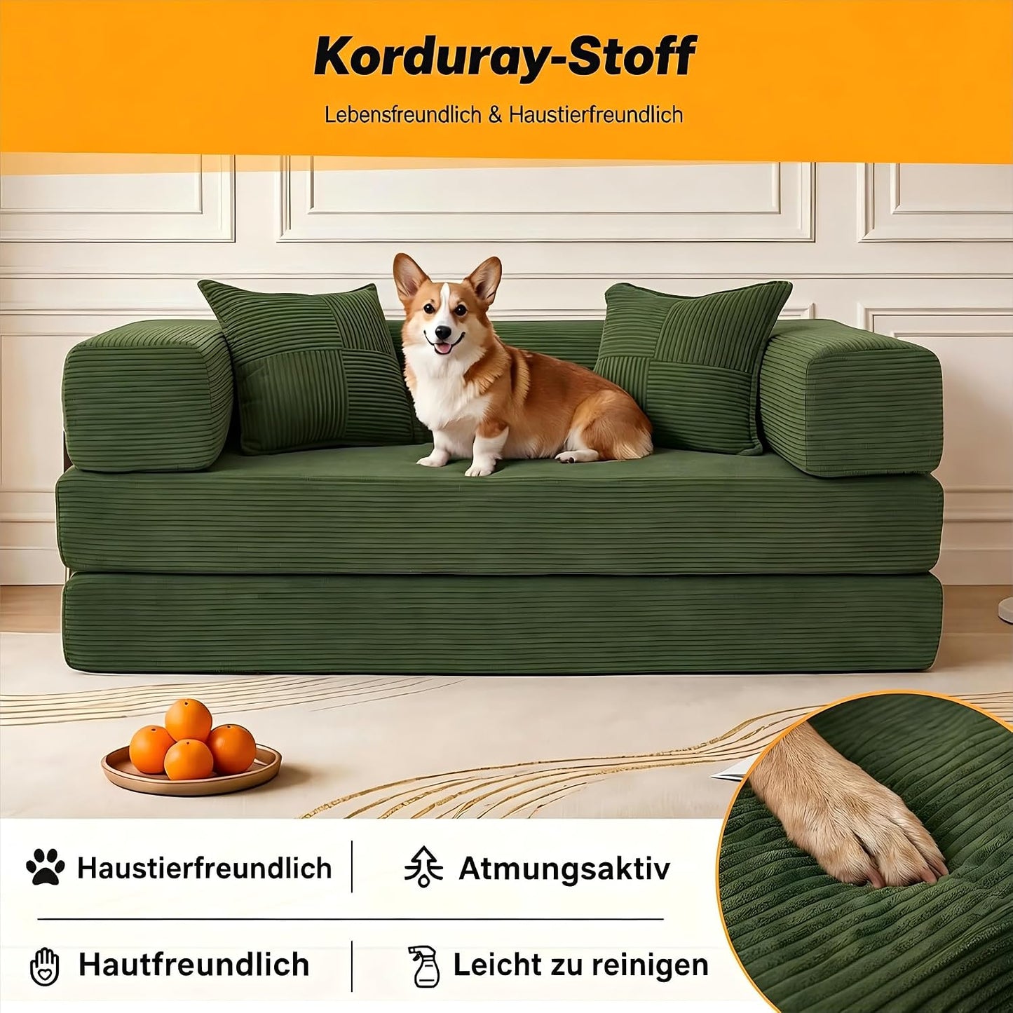 Vipbear Premium 5-in-1 Vielseitiges Rahmenloses Sofa, 200 cm, Ergonomisch Verwandelbarer 3-Sitzer mit Memory-Schaum, Ausklappbares Schlafsofa fürs Wohnzimmer