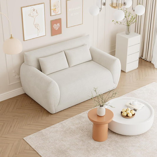 Vesgantti Cord 2 Sitzer Sofa, Montagefrei, 160 cm lang, Compressed Sofa mit 2 Stützkissen für Wohnzimmer, Schlafzimmer (Creme, Zweisitzer)