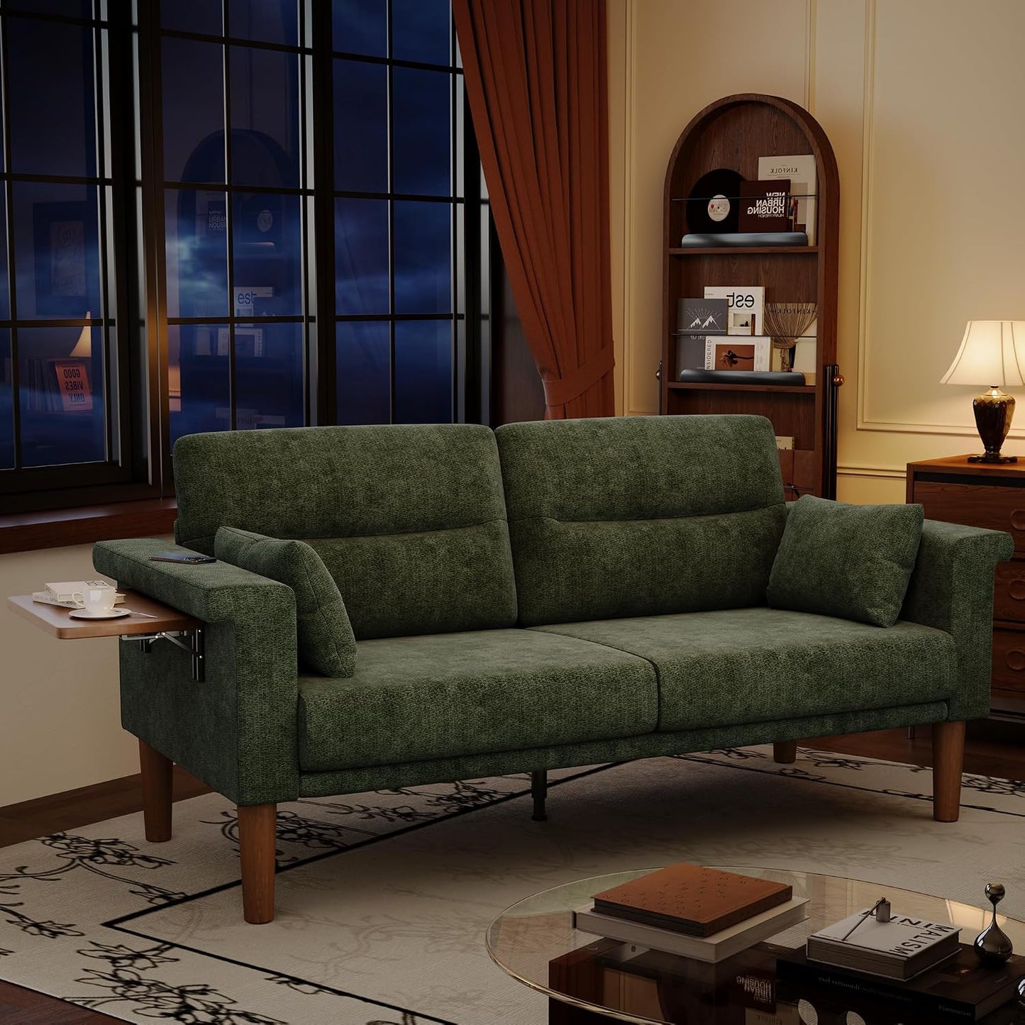 Vipbear Sofa 3 Sitzer Klein,174 cm, Grün Chenille-Stoff Sofas mit 2 Kissen, Modernes Couch mit Wide Armlehnen und Klapptisch, Extra Tiefe Sitze, Gästesofa für Wohnzimmer, Apartment, Büro
