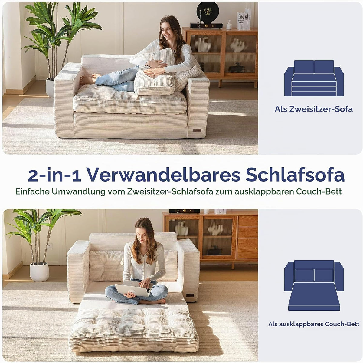 MAXYOYO Schlafsofa, Umbaubares Zweisitzer-Sofa mit 2 Kissen, 2-in-1 Komfort-Kordsofa, Bodenliege mit ausziehbarer Liegefläche 113x190cm, 15cm starkem Schaumstoff