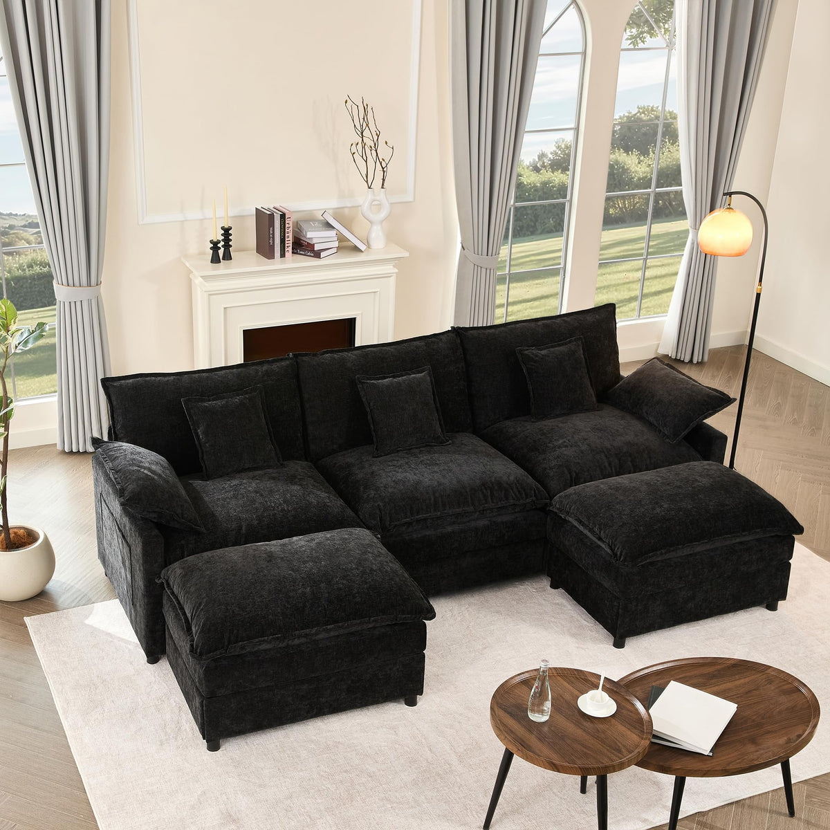 U-förmiges modulares Sofa 3-Sitzer Ecksofa mit Hocker, tiefes Sitzdesign, Cloud Couch für Wohnzimmer(Beige)