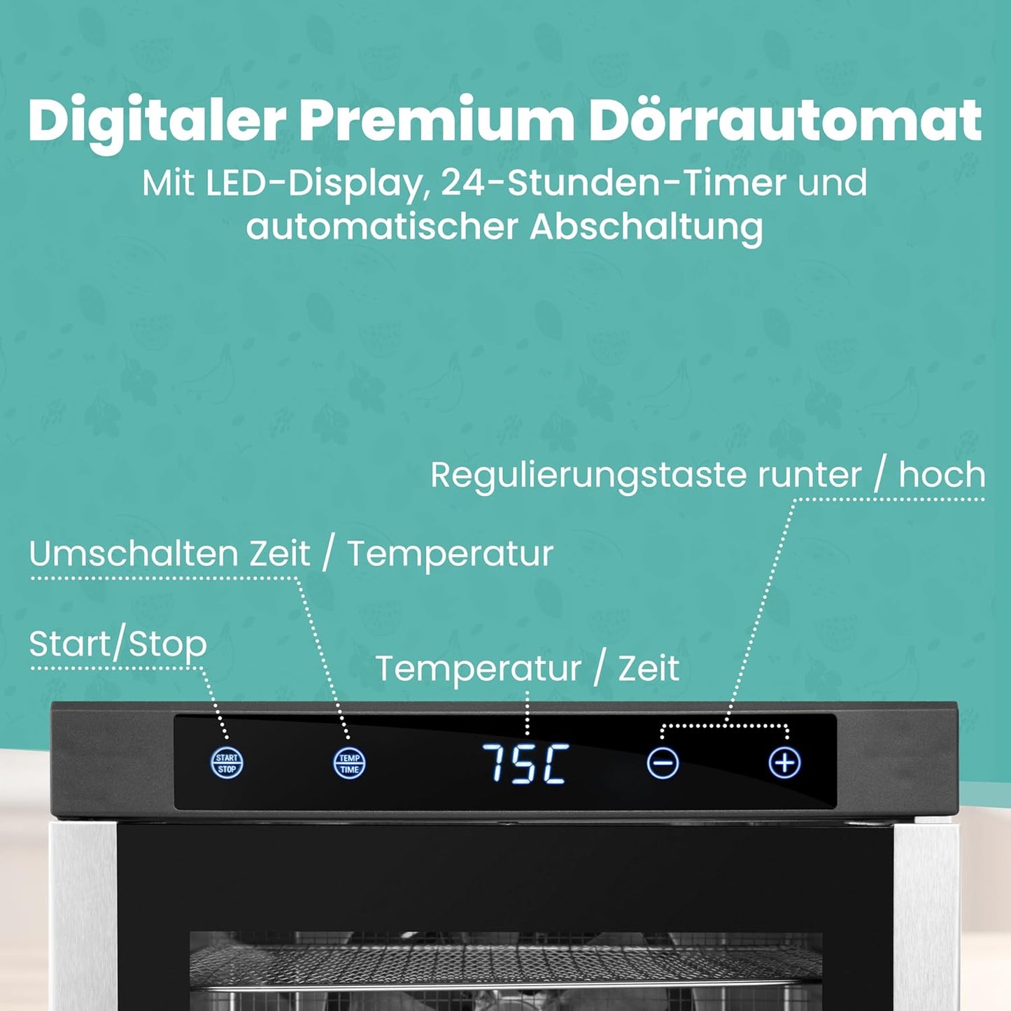 A-rival Dehydrator, Stainless Steel Dehydrator, Touch Control, Professional Dehydrator Stainless Steel, 24 Hour Timer, 6 Drying Trays + 3 Drying Mats, BPA-Free, 35 °C to 75 °C, Quiet Operation, 360°o