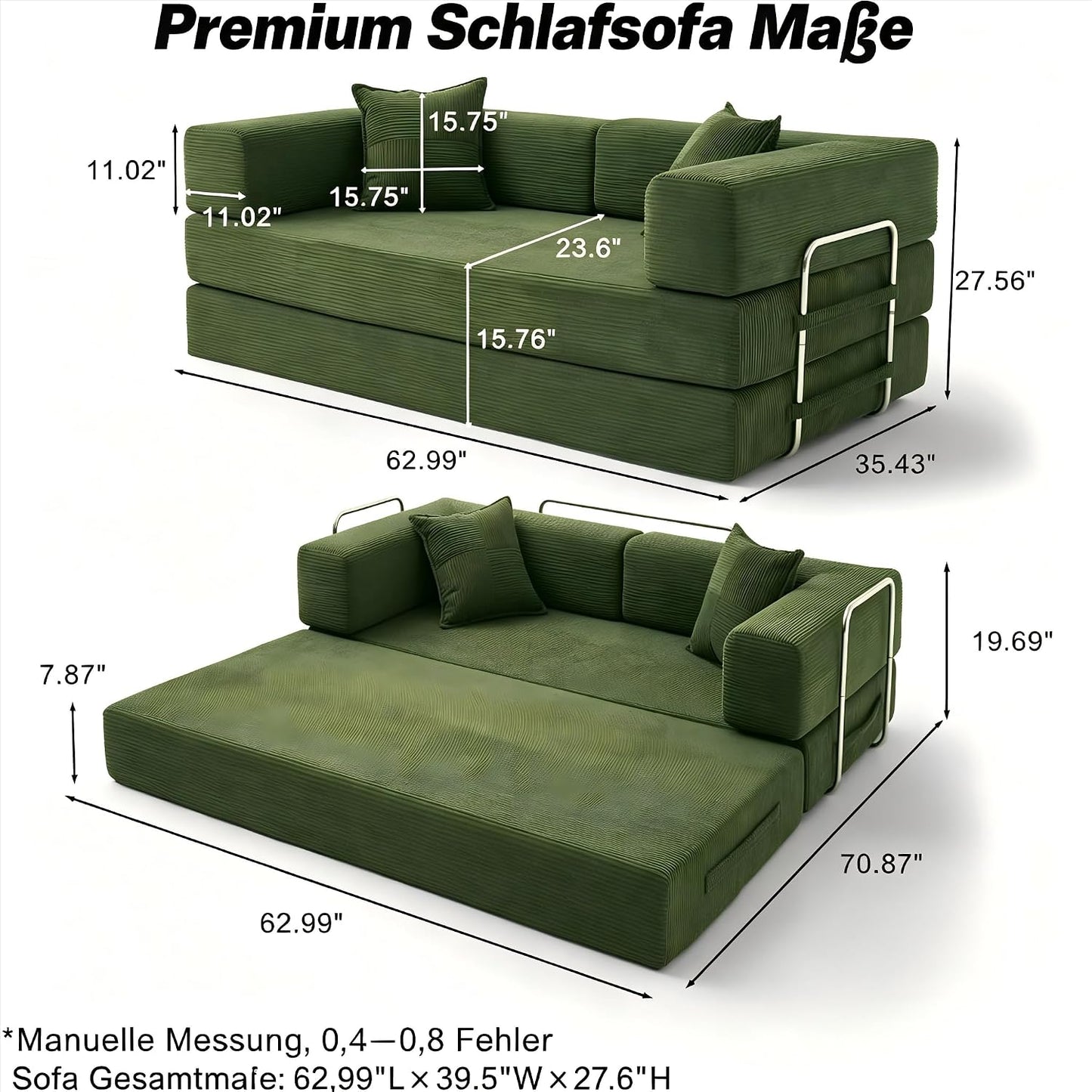 Vipbear Premium 5-in-1 Vielseitiges Rahmenloses Sofa, 200 cm, Ergonomisch Verwandelbarer 3-Sitzer mit Memory-Schaum, Ausklappbares Schlafsofa fürs Wohnzimmer
