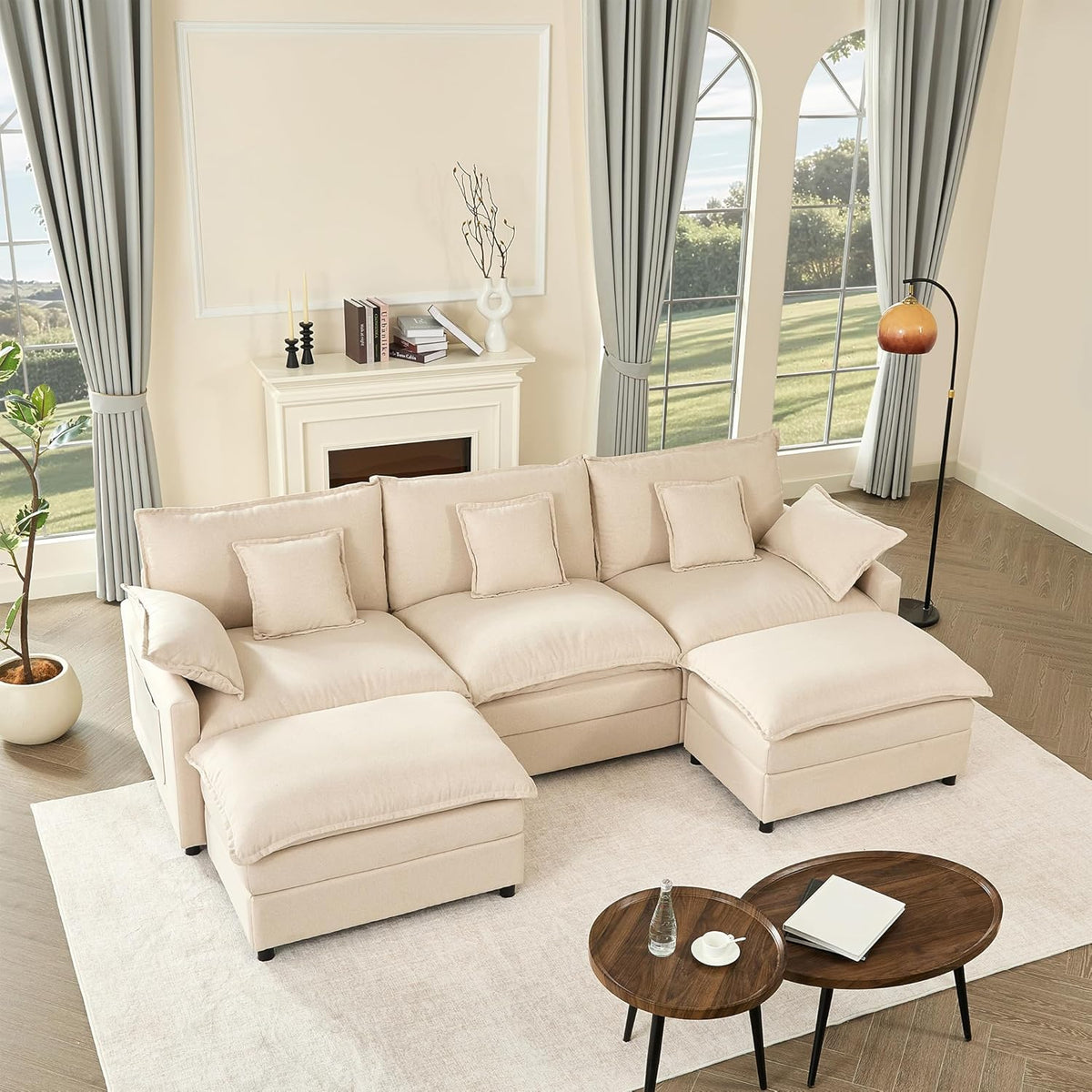 U-förmiges modulares Sofa 3-Sitzer Ecksofa mit Hocker, tiefes Sitzdesign, Cloud Couch für Wohnzimmer(Beige)