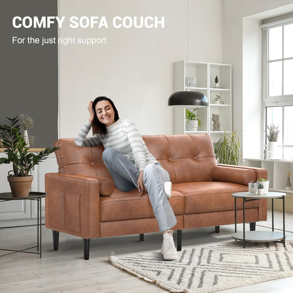2-Sitzer Sofa, Dicke Kissen, 2 Kissen & Taschen(Braun_pu)