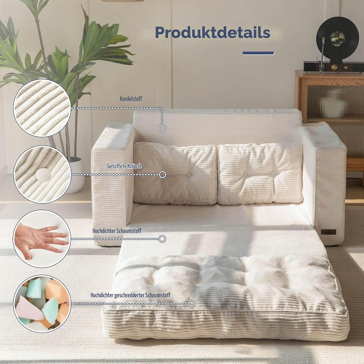 MAXYOYO Schlafsofa, Umbaubares Zweisitzer-Sofa mit 2 Kissen, 2-in-1 Komfort-Kordsofa, Bodenliege mit ausziehbarer Liegefläche 113x190cm, 15cm starkem Schaumstoff