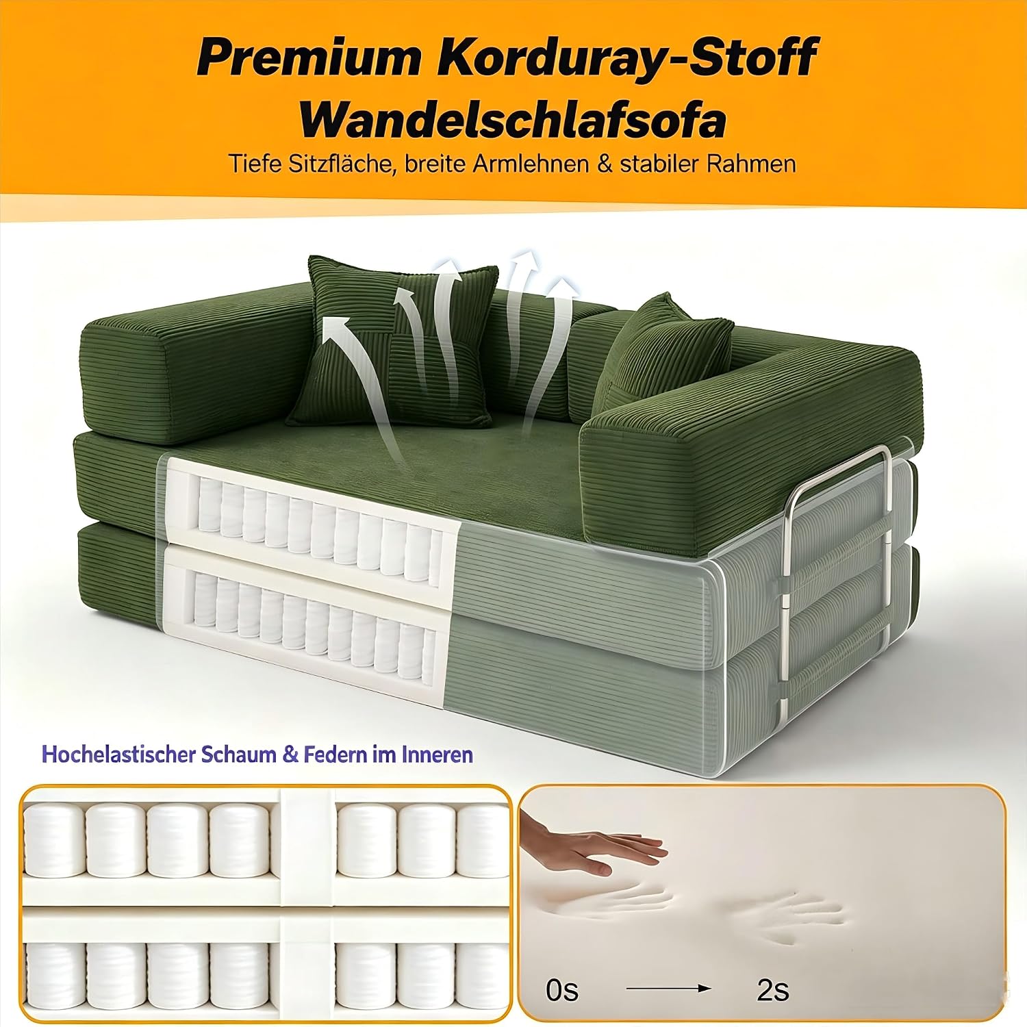 Vipbear Premium 5-in-1 Vielseitiges Rahmenloses Sofa, 200 cm, Ergonomisch Verwandelbarer 3-Sitzer mit Memory-Schaum, Ausklappbares Schlafsofa fürs Wohnzimmer