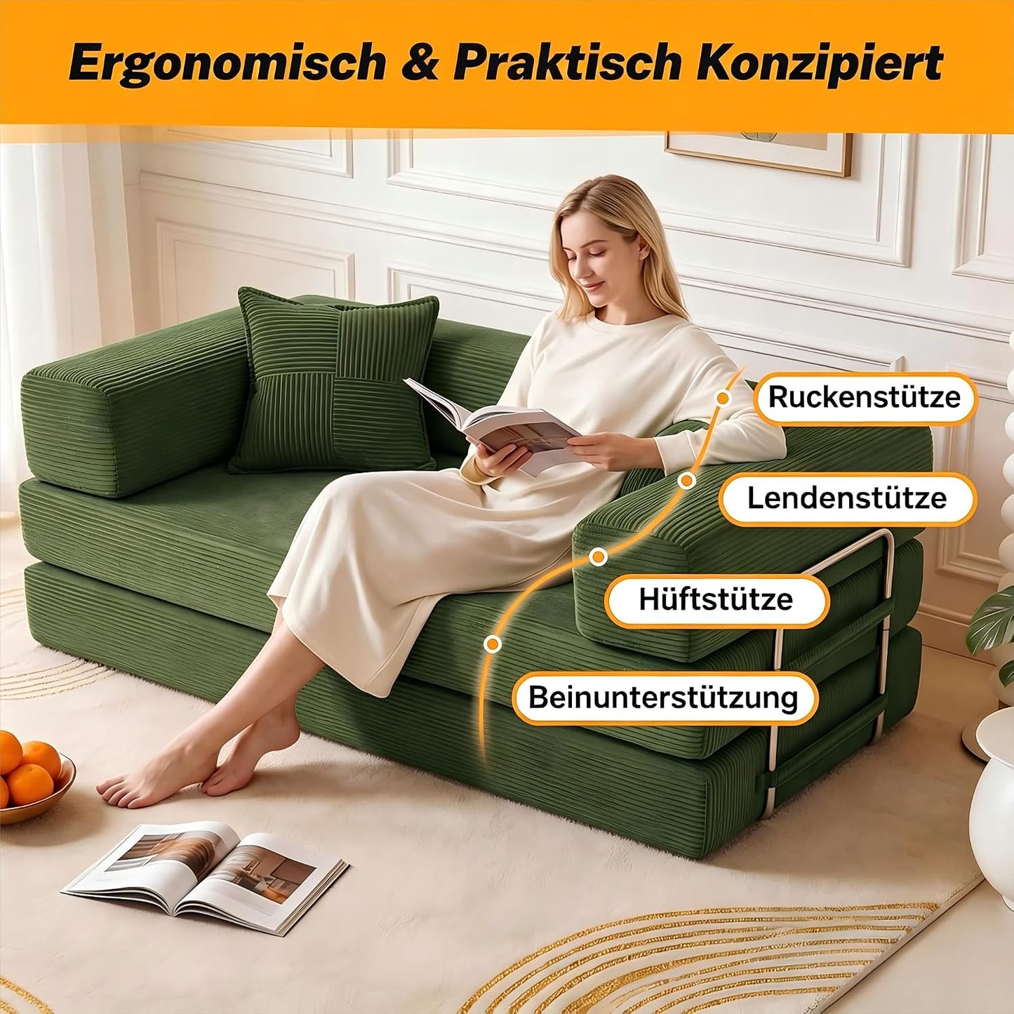 Vipbear Premium 5-in-1 Vielseitiges Rahmenloses Sofa, 200 cm, Ergonomisch Verwandelbarer 3-Sitzer mit Memory-Schaum, Ausklappbares Schlafsofa fürs Wohnzimmer