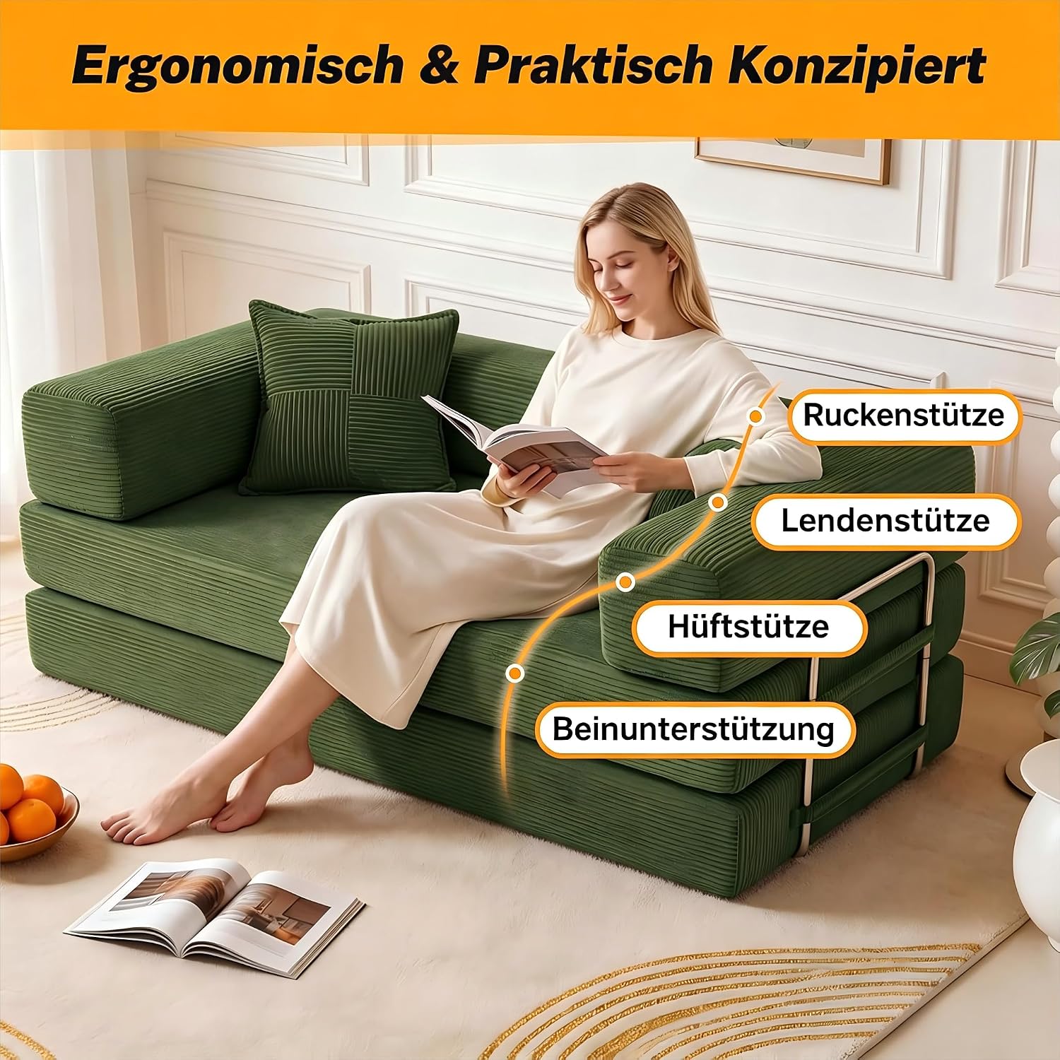 Vipbear Premium 5-in-1 Vielseitiges Rahmenloses Sofa, 200 cm, Ergonomisch Verwandelbarer 3-Sitzer mit Memory-Schaum, Ausklappbares Schlafsofa fürs Wohnzimmer