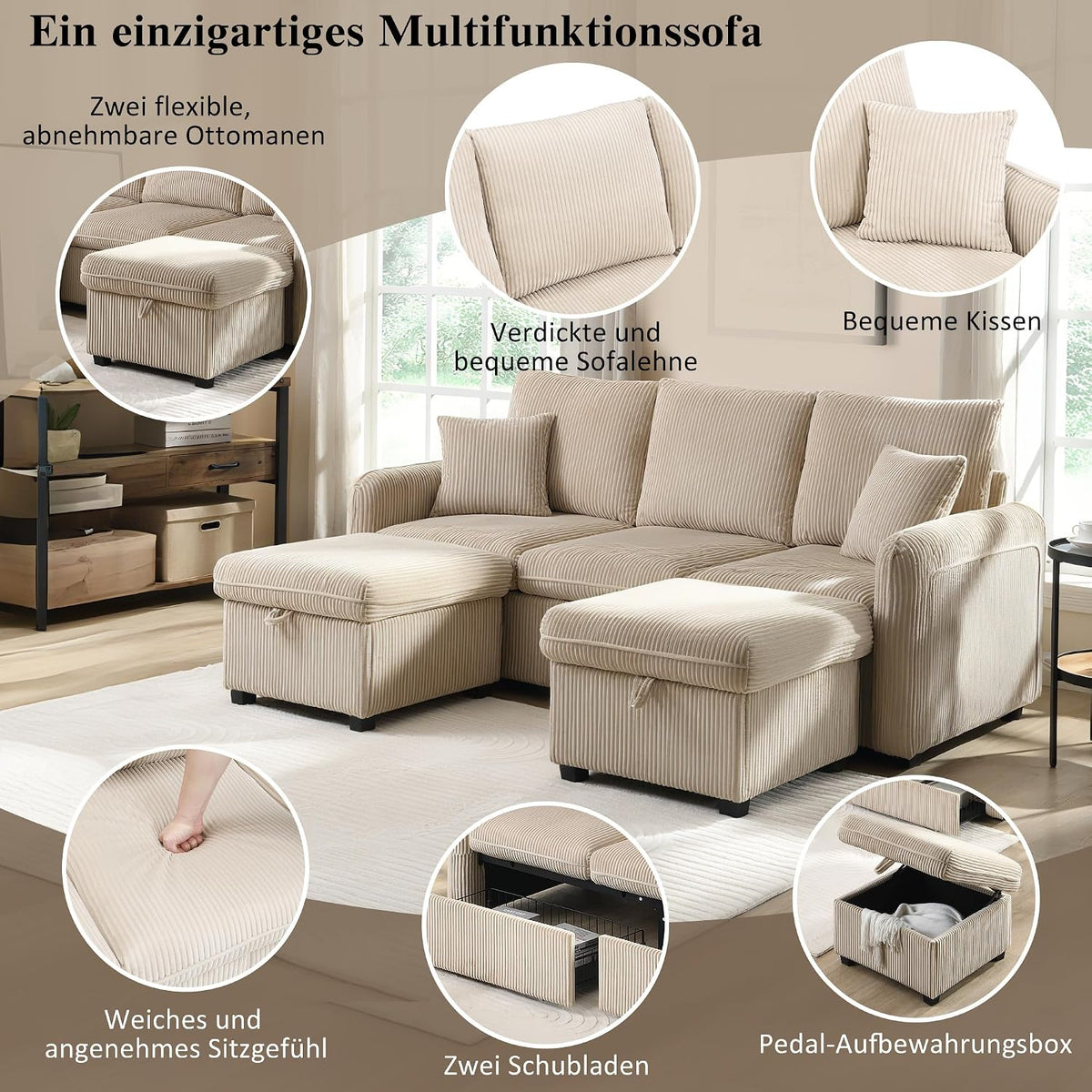 Merax Modulares 3-Sitzer Sofa-Set, Ecksofa in L-Form & U-Form mit 2 Stauraum-Hockern, Couch mit 2 Schubladen, Flexibel kombinierbare Wohnlandschaft aus Chenille, Beige