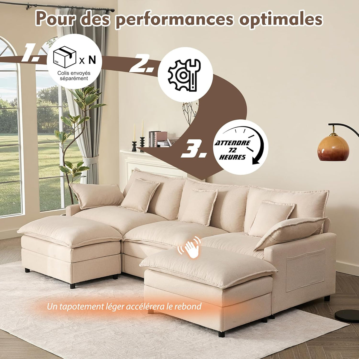 U-förmiges modulares Sofa 3-Sitzer Ecksofa mit Hocker, tiefes Sitzdesign, Cloud Couch für Wohnzimmer(Beige)
