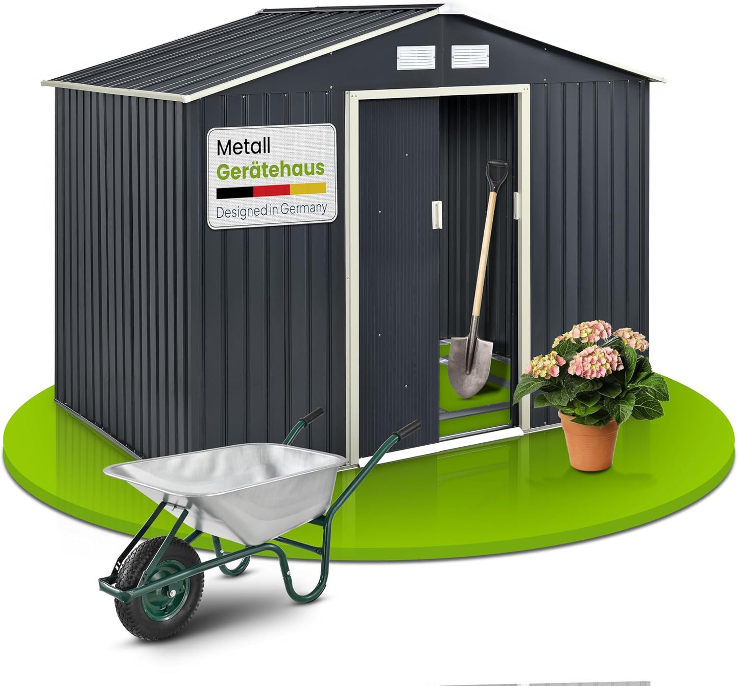 Juskys Metal XL Tool Shed - Garden Shed & Tool Shed with Sliding Door, Foundation Frame & Lock, Weatherproof Garden Cabinet for Storage - Dark Grey