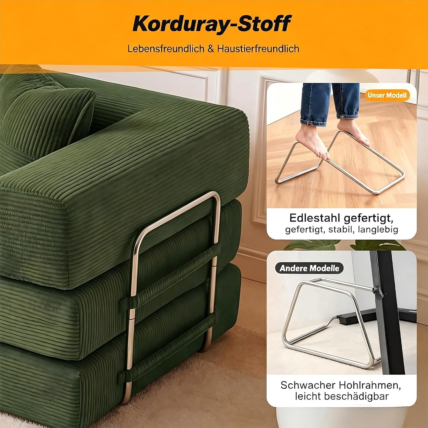 Vipbear Premium 5-in-1 Vielseitiges Rahmenloses Sofa, 200 cm, Ergonomisch Verwandelbarer 3-Sitzer mit Memory-Schaum, Ausklappbares Schlafsofa fürs Wohnzimmer