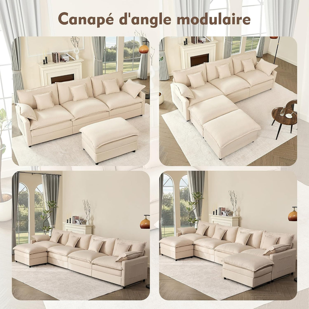 U-förmiges modulares Sofa 3-Sitzer Ecksofa mit Hocker, tiefes Sitzdesign, Cloud Couch für Wohnzimmer(Beige)